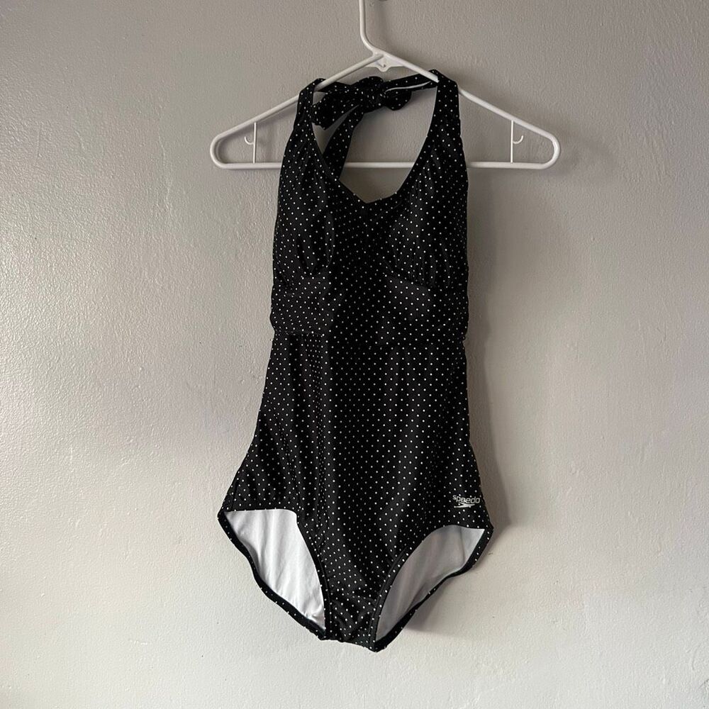Speedo Black w White Polka Dots Classic High Back Swimsuit 8